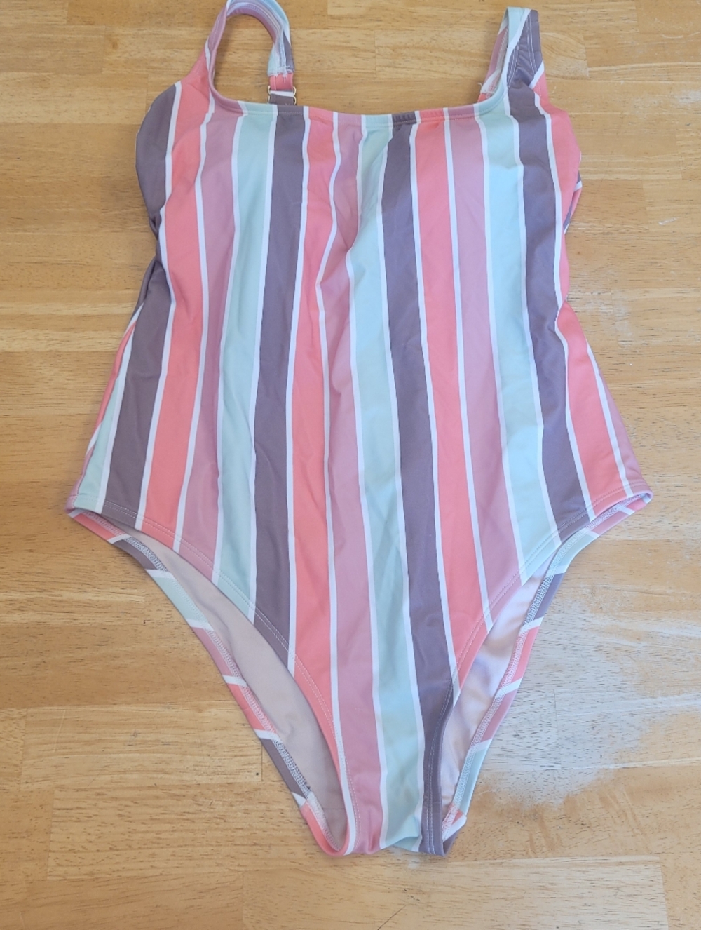Striped Swim One Piece Kona Sol Tank Large Orange Pink Brown Green